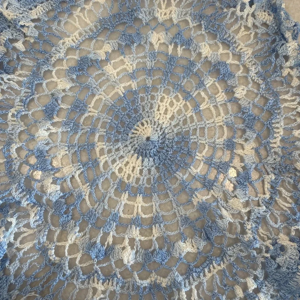 Vintage Hand Crocheted Doily Baby Blue And White